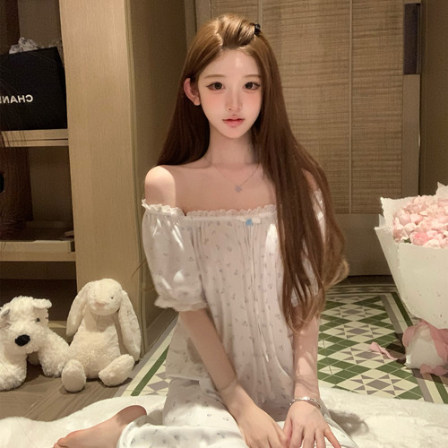 温婉淑女气质贡缎短袖长款睡裙