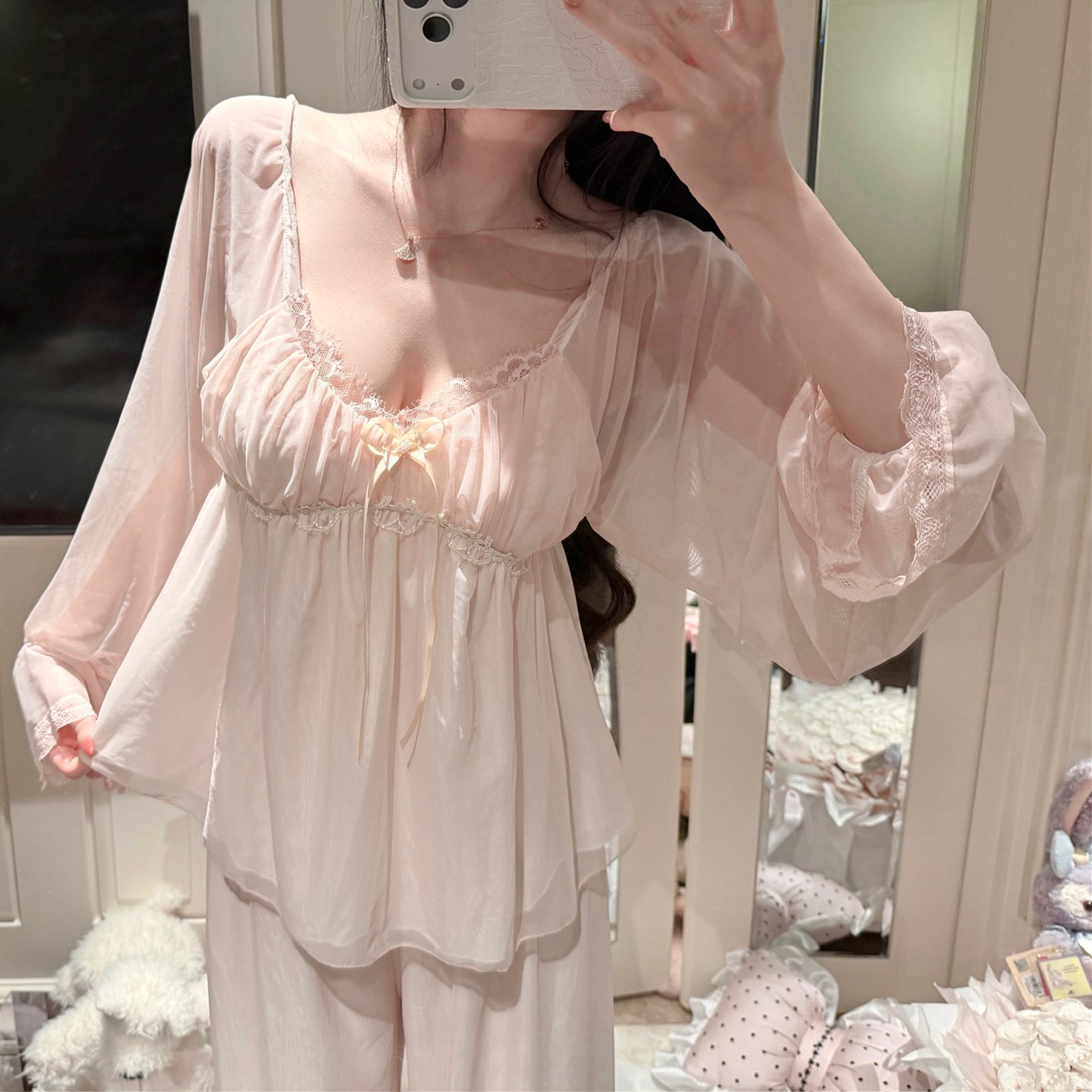 欧若拉睡衣女【恋樱序曲】春日仙仙浪漫软纱莫代尔带胸垫两件套