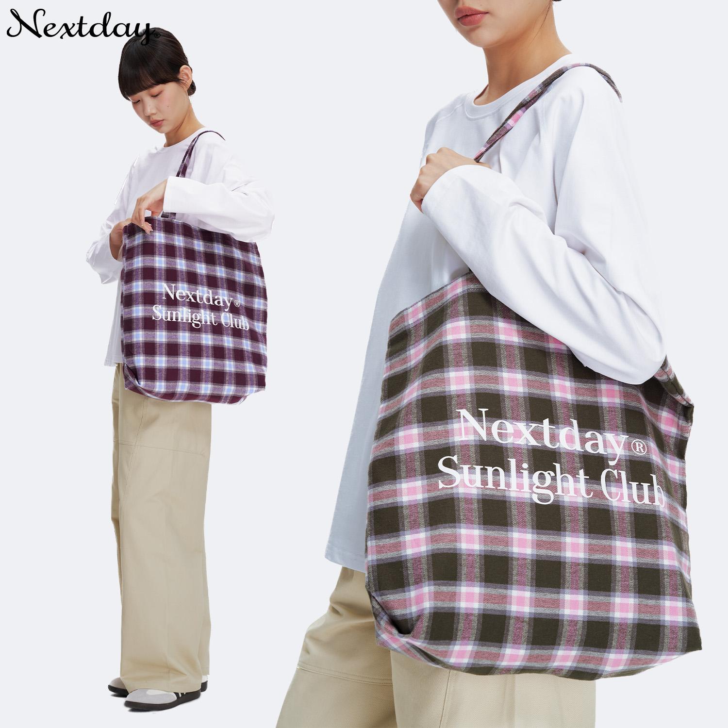 nextday复古格纹托特包大容量帆布包女手提包单肩包磨毛休闲百搭