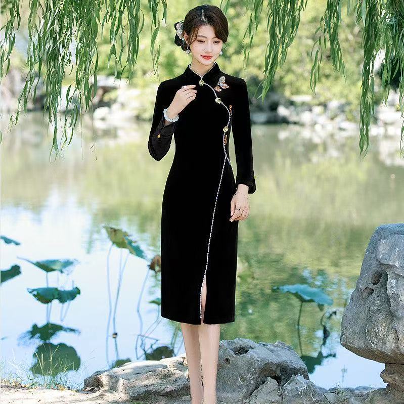 旗袍金丝绒长款丝绒复古时尚妈妈气质纯色连衣裙改良新款礼服
