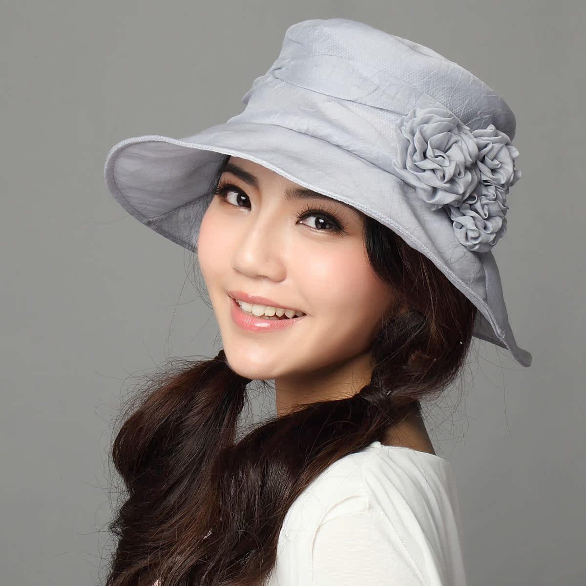 帽子女 灰色真丝帽 花朵帽 夏天防晒帽 渔夫帽 花朵小盆帽