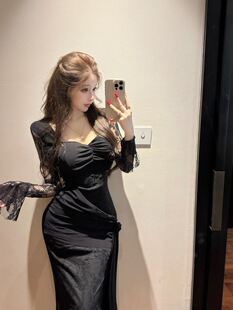 实拍2026纯欲蕾丝连衣裙拼接设计感长袖气质收腰包臀鱼尾礼服长款