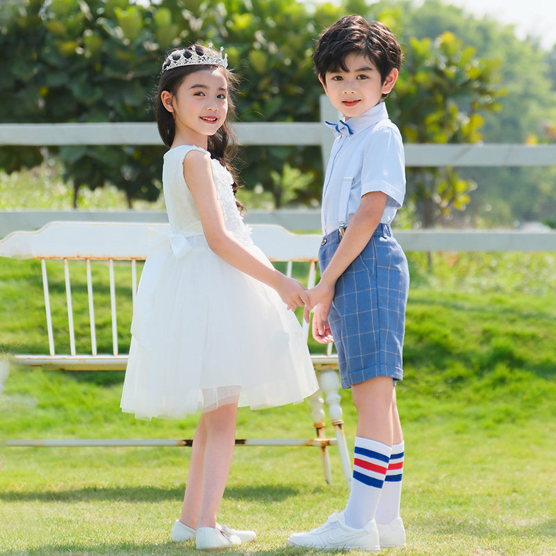 儿童礼服公主裙纱裙花童白色男孩背带裤校服表演服装钢琴演出服夏