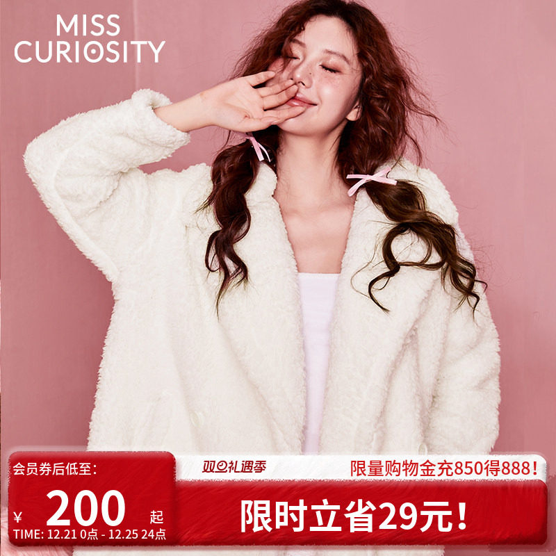 好奇蜜斯珊瑚绒睡衣浴袍冬女睡袍长款加厚加绒外穿保暖家居服