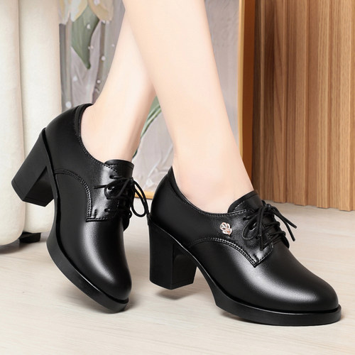 黑色真皮女鞋中年女士系带皮鞋高跟鞋单鞋软底软皮妈妈鞋子中老年