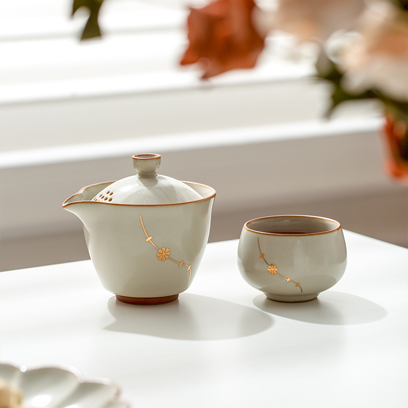 米黄汝窑手抓盖碗高档开片可养汝瓷手抓壶防烫家用泡茶盖碗主人杯