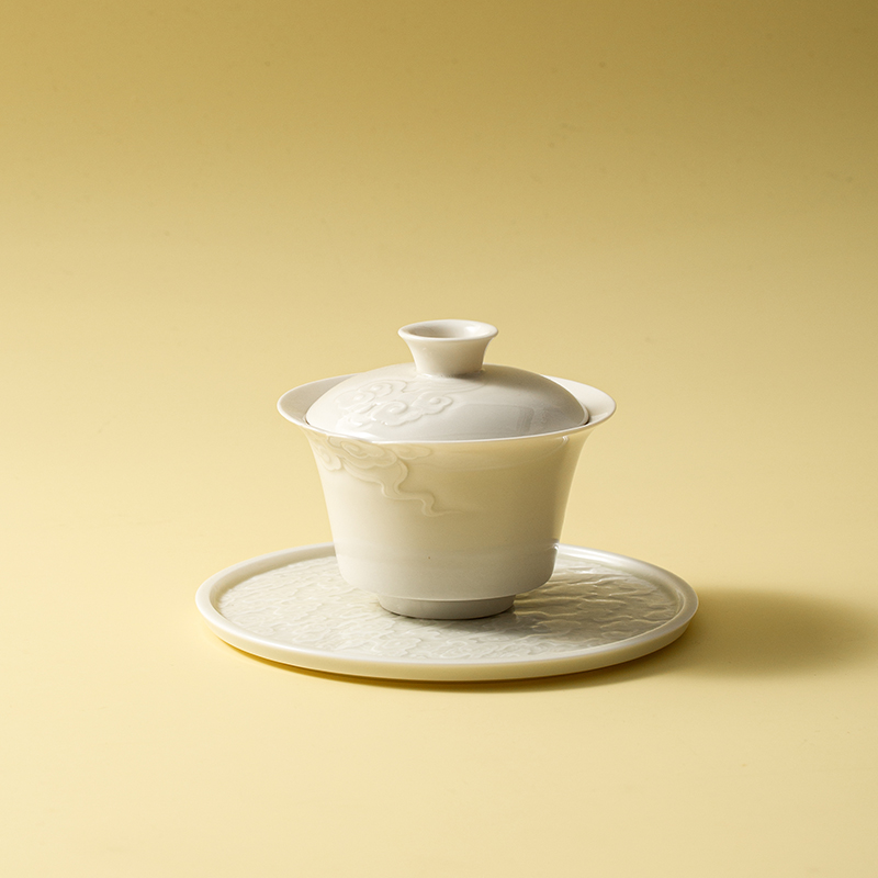定窑 手工花口祥云盖碗浮雕复古高档不烫手泡茶碗薄胎陶瓷泡茶器
