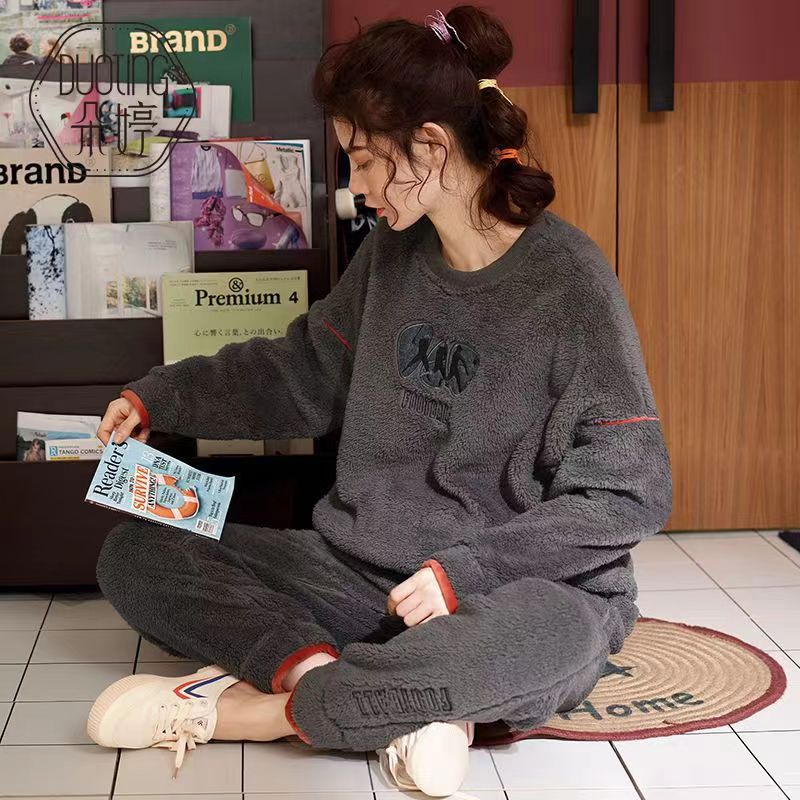 朵婷珊瑚绒睡衣女秋冬长袖可外穿加厚法兰绒穿家居服加绒女士套装
