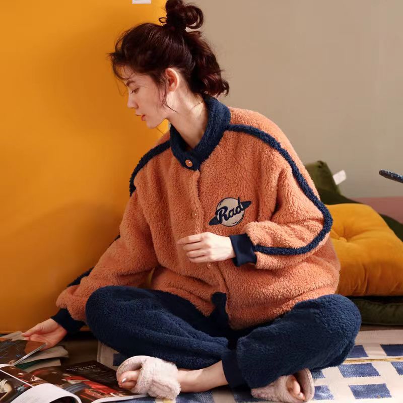 朵婷珊瑚绒睡衣女款秋冬季长袖加厚加绒保暖圆领套头开衫家居服套
