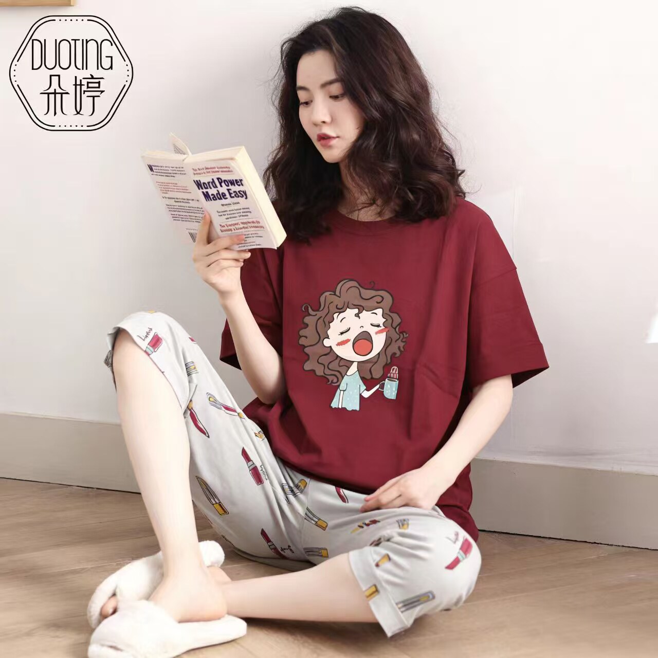 朵婷睡衣女夏季纯棉短袖七分裤家居服格子薄款全棉大码居家服套装