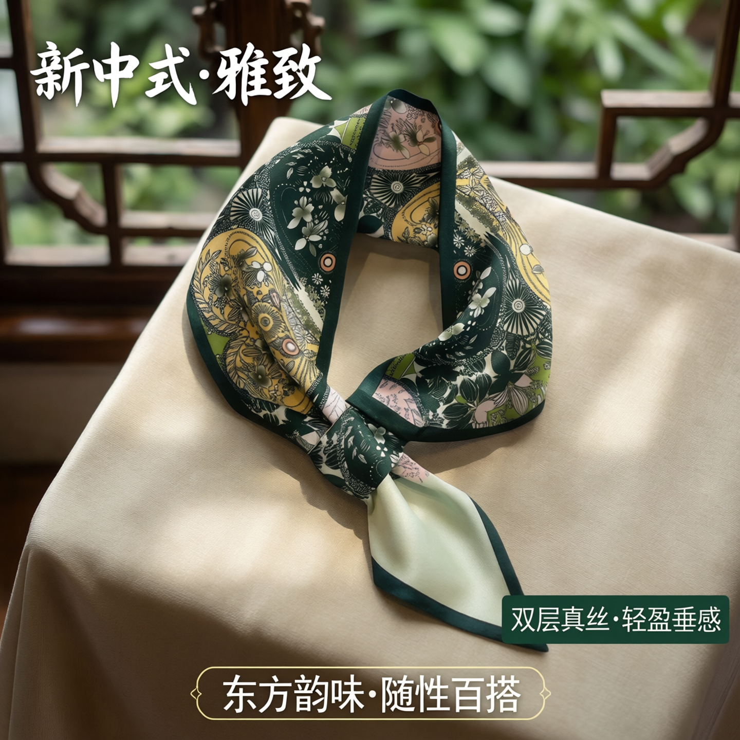 新中式花朵树叶丝巾斜角穿孔耳朵女士细窄长条围巾装饰领带巾双层