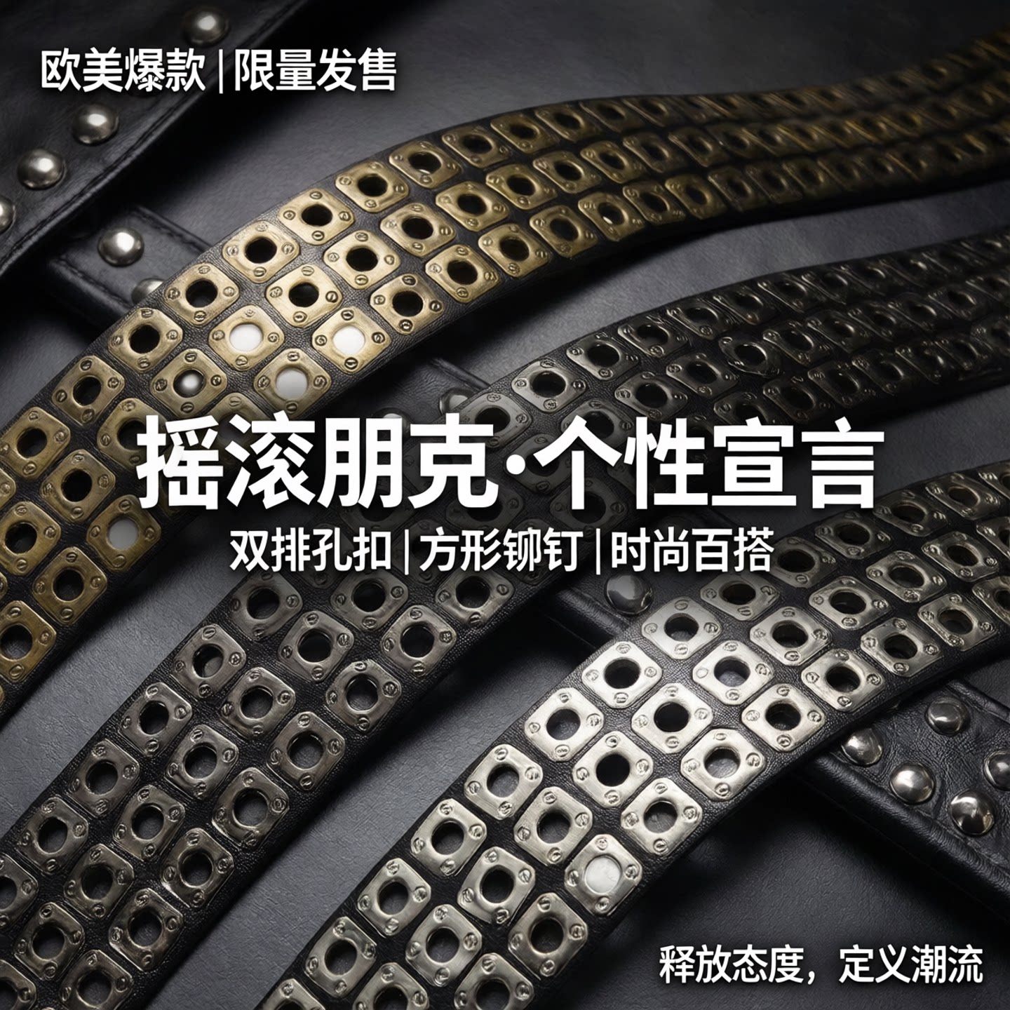 欧美爆款摇滚朋克方钉双排孔扣女士时尚双针扣休闲装饰镂空皮腰带