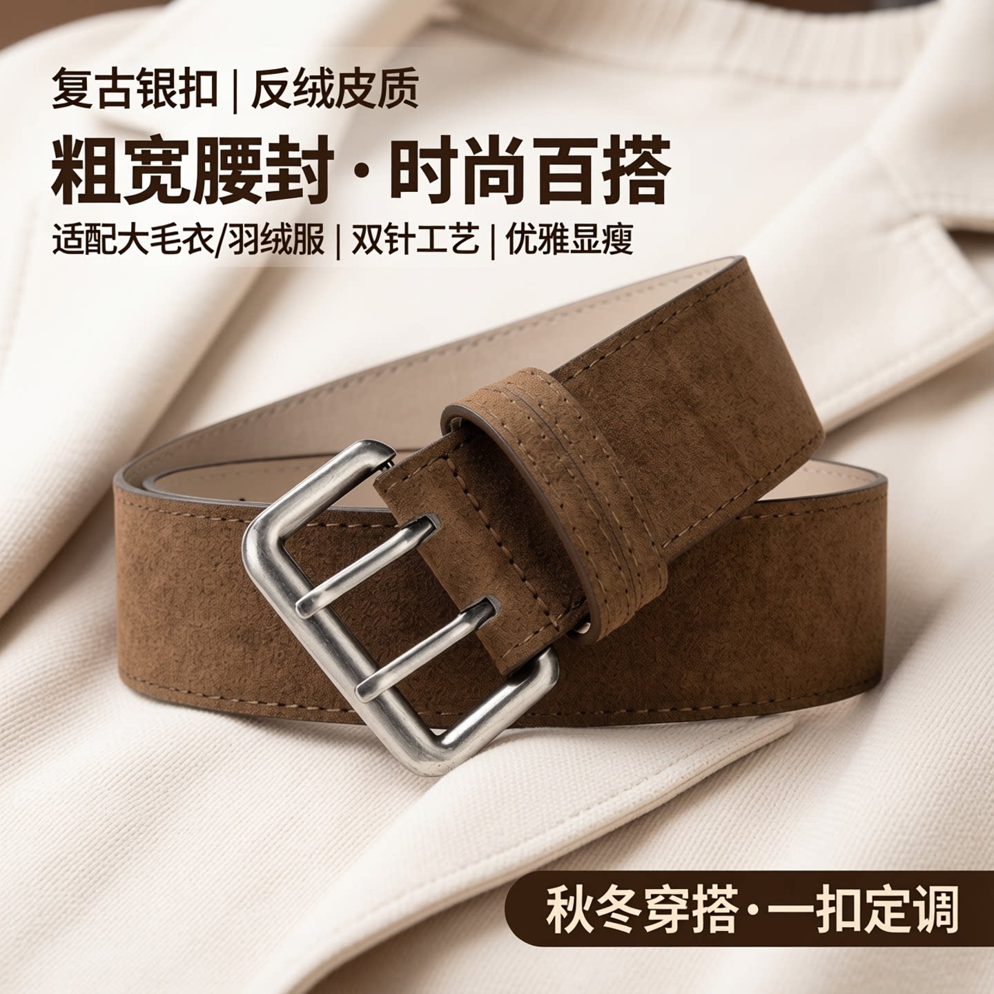 复古银扣女士粗宽腰封反绒皮时尚双针扣百搭大毛衣羽绒服皮腰带