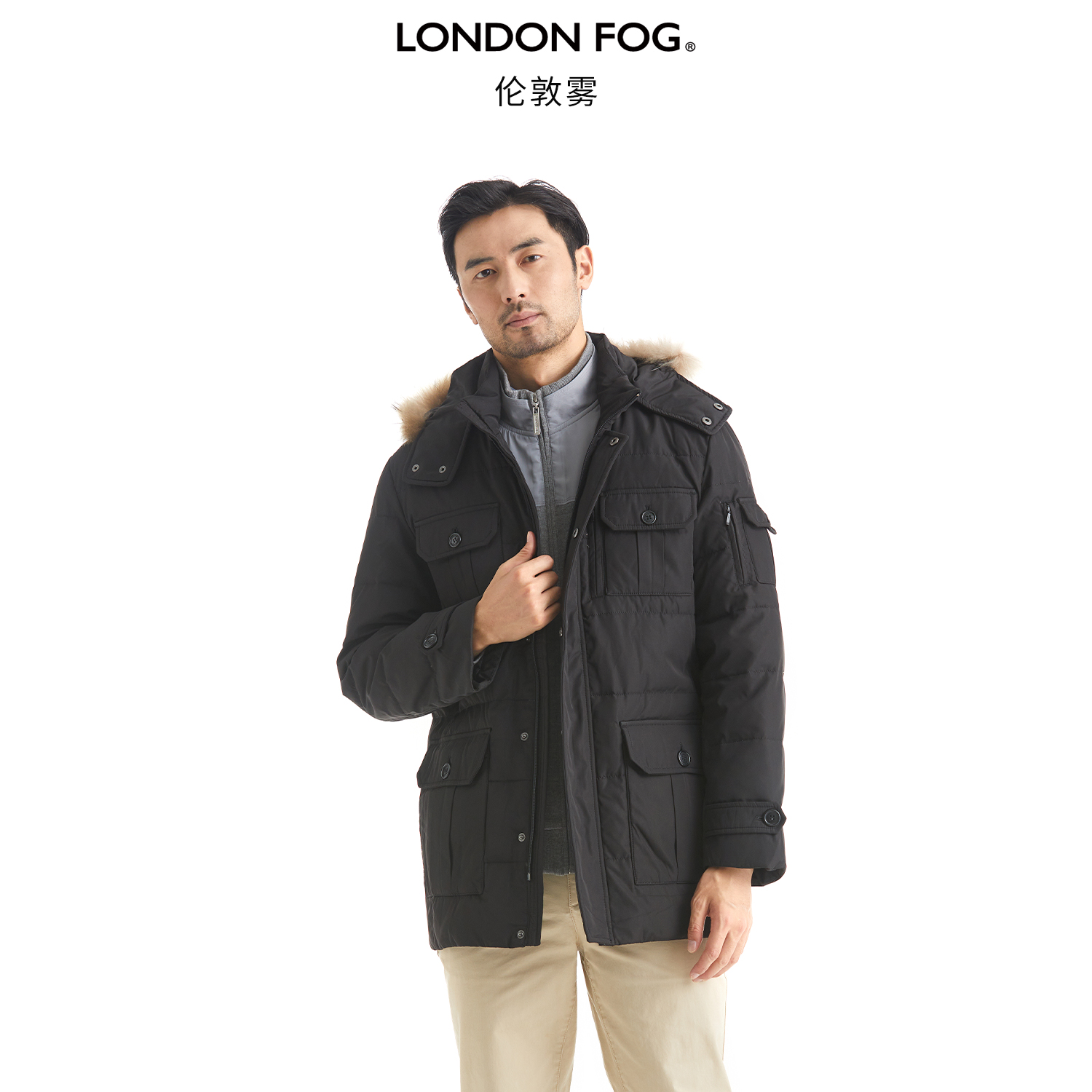 伦敦雾可脱帽五袋有臂袋羽绒服