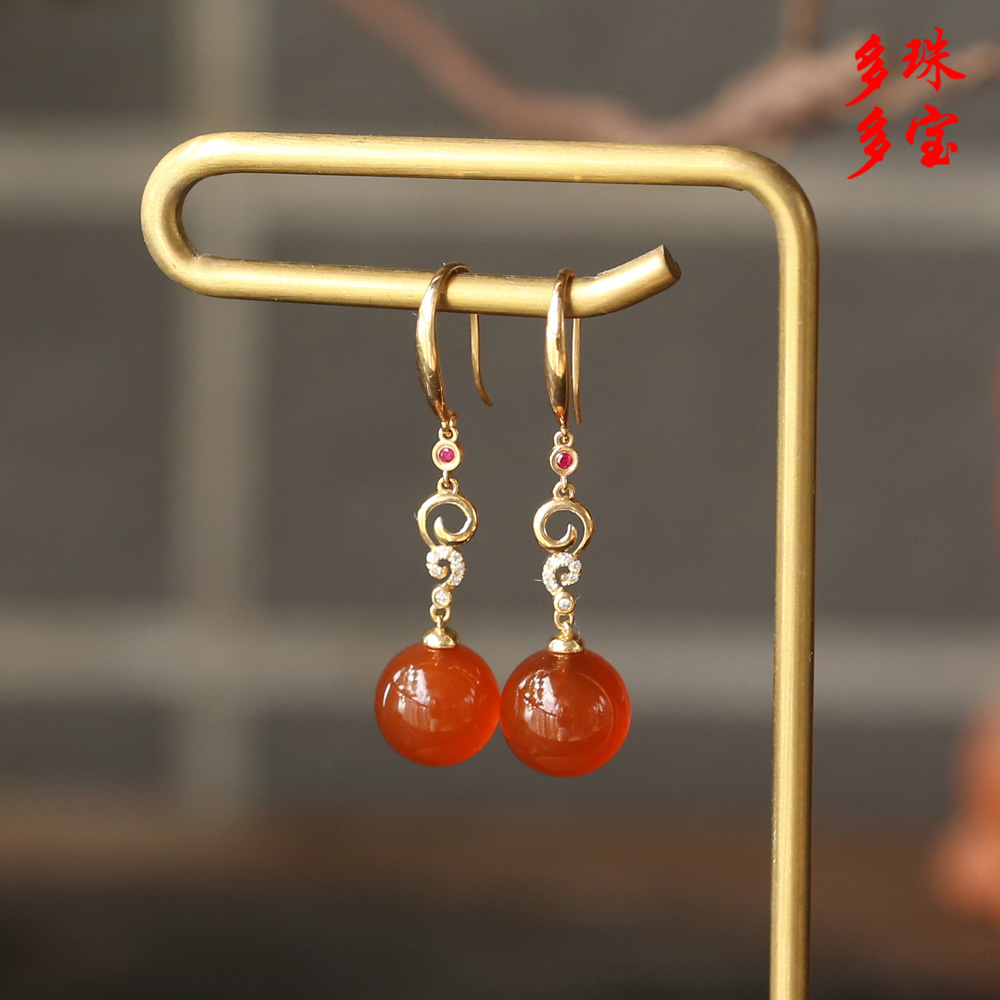 原矿保山南红圆珠耳环18K金钻石