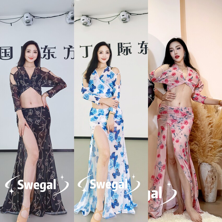 swegal肚皮舞练功服印花网纱蝙蝠袖系绑上衣弹力网花边开叉大摆裙