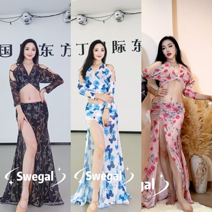 swegal肚皮舞练功服印花网纱蝙蝠袖 系绑上衣弹力网花边开叉大摆裙