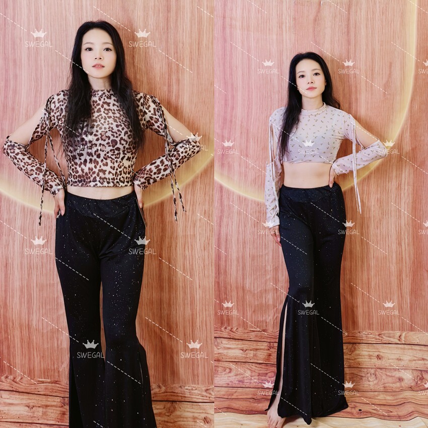 swegal肚皮舞练功豹纹镂空网纱上衣粉裸小碎花上衣东方舞练功上衣