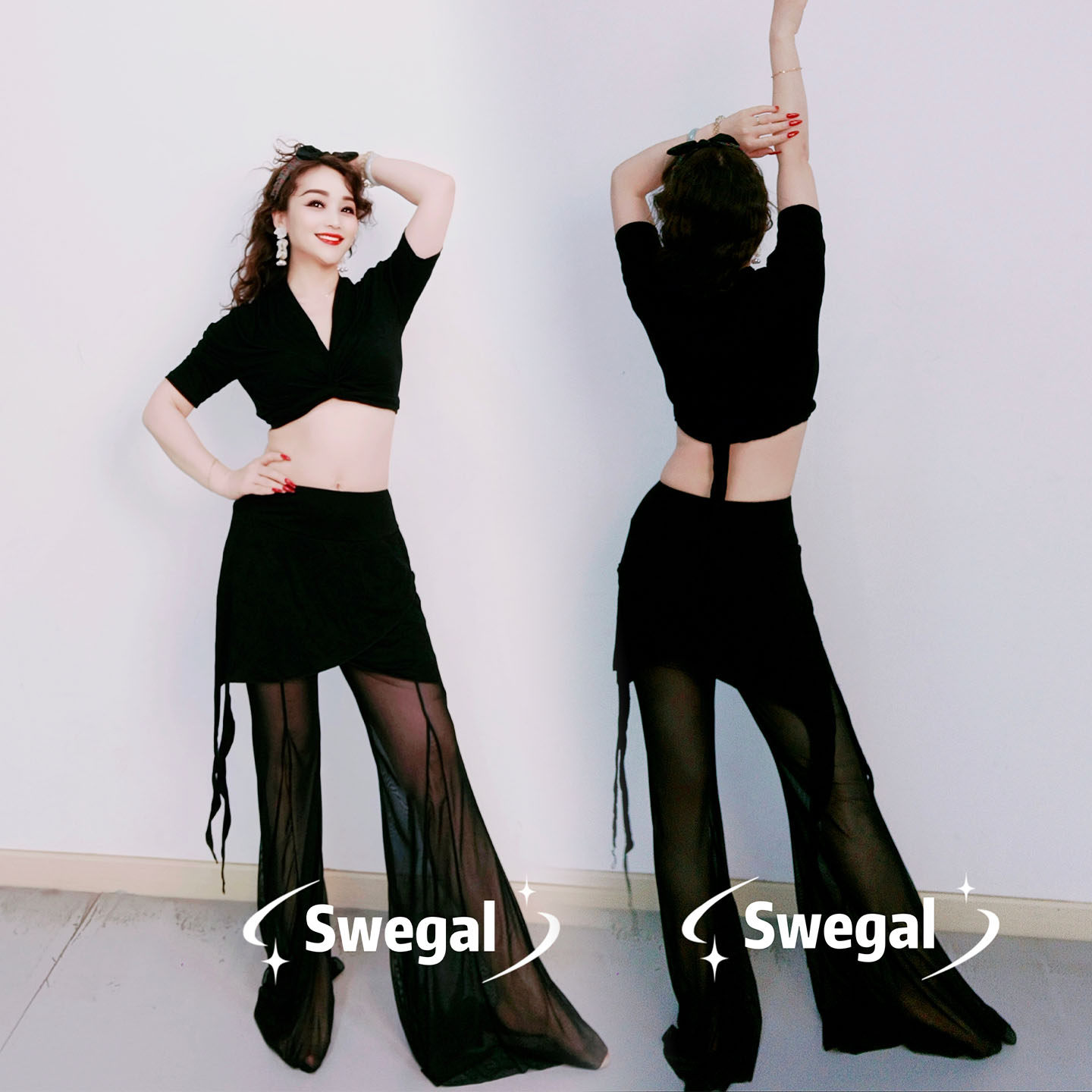 SWEGAL肚皮舞莫代尔系绑上衣加小围裙网纱裤宽松网纱裤东方舞大码