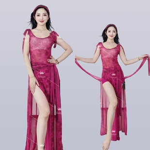 swegal肚皮舞练功服东方舞紫玫红印花网纱袍子动感十足微透性感