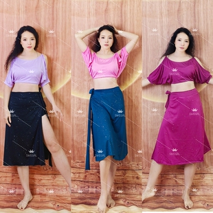 swegal肚皮舞服装 上衣撒银系腰中长裙东方舞练功服简约低调 蝙蝠袖