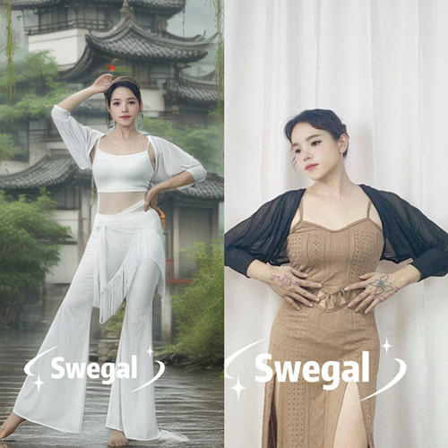 swegal肚皮舞上装东方舞上装黑色网纱坎肩露背中袖灯笼袖微透百搭