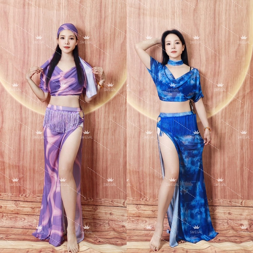 swegal肚皮舞新款练功服2025水墨色网纱荡领上衣加镂空流苏裙显瘦