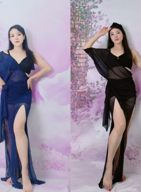 Swegal肚皮舞练功服Baladi民俗风袍子微透性感纯欲风撒银网纱袍子