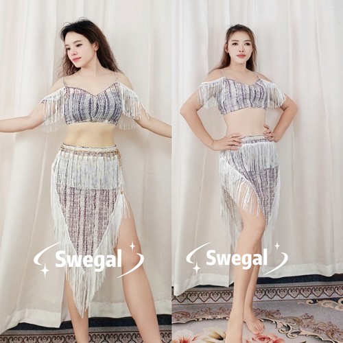 swegal肚皮舞练功服东方舞服饰紫白鼓舞流苏三角裙套性感大码动感