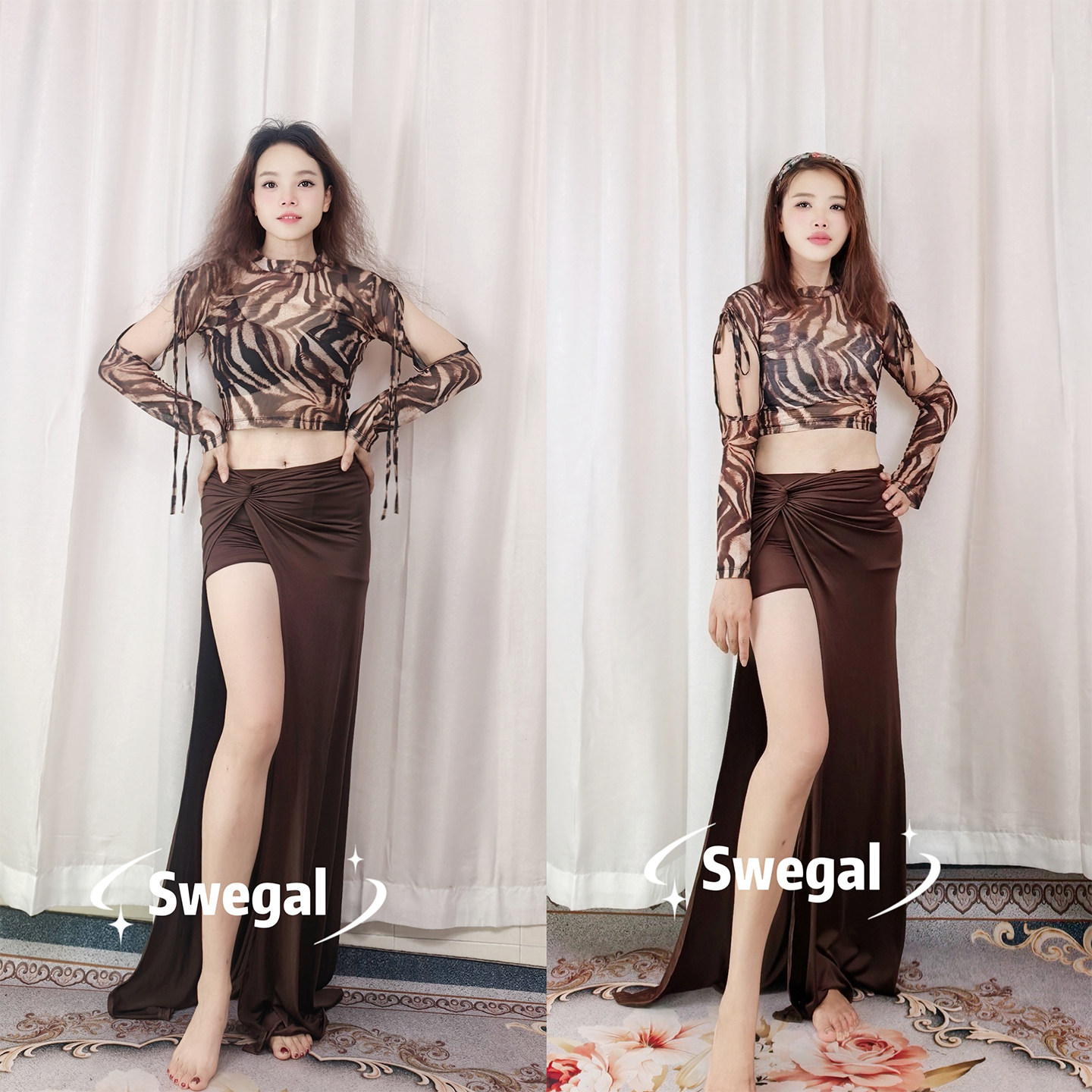 SWEGAL肚皮舞练功服露手臂豹纹网纱上衣扭结裙套牛奶丝初学者大码