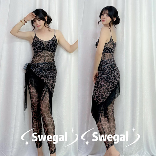 swegal豹纹网纱肚皮舞连体裤百搭