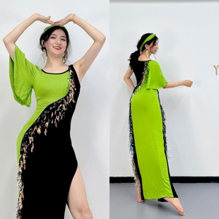 swegal肚皮舞练功服2025黑绿拼色袍子金色树叶baladi活泼shabby