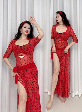 Swegal肚皮舞练功服baladi民俗风袍子红色波点五件套网纱练习大码