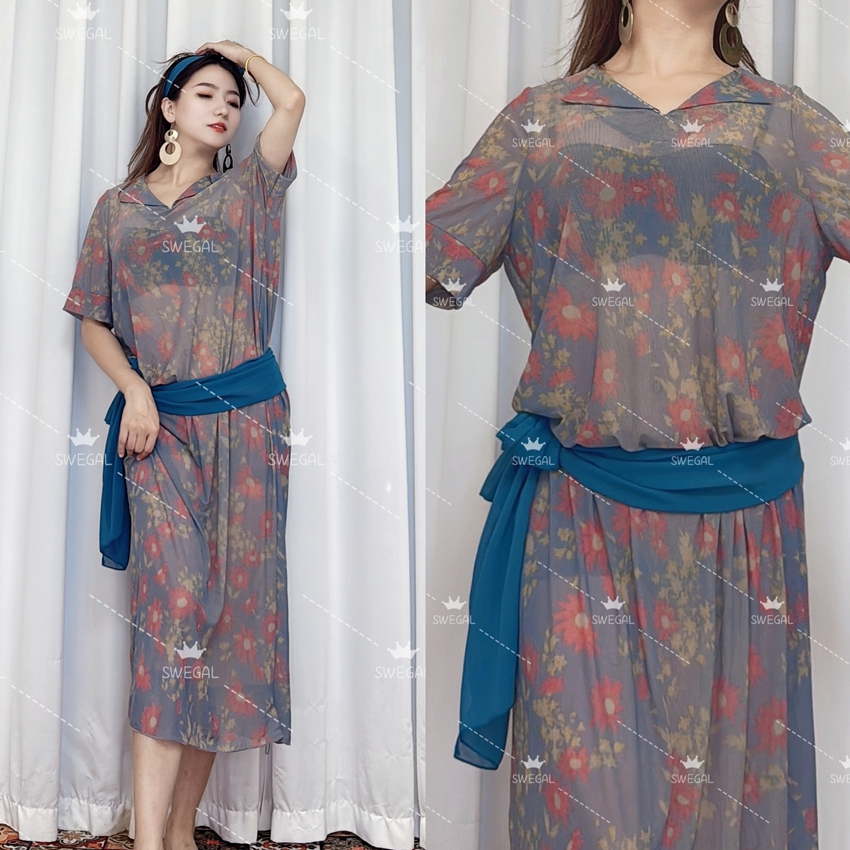 美肚新款2025雾霾蓝红菊印花舞服