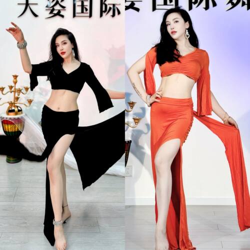 Swegal肚皮舞练功服2025新款莫代尔喇叭袖双开叉大摆裙飘逸东方舞