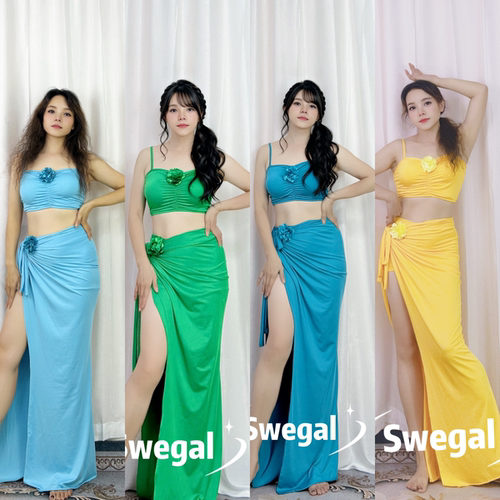 swegal肚皮舞练功服柠檬黄小花朵抹胸加抽绳长裙不勒腰夏日沙滩