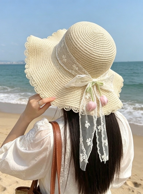 海边度假沙滩帽郁金香蕾丝草帽蝴蝶结夏季新款遮阳帽大帽檐防晒帽