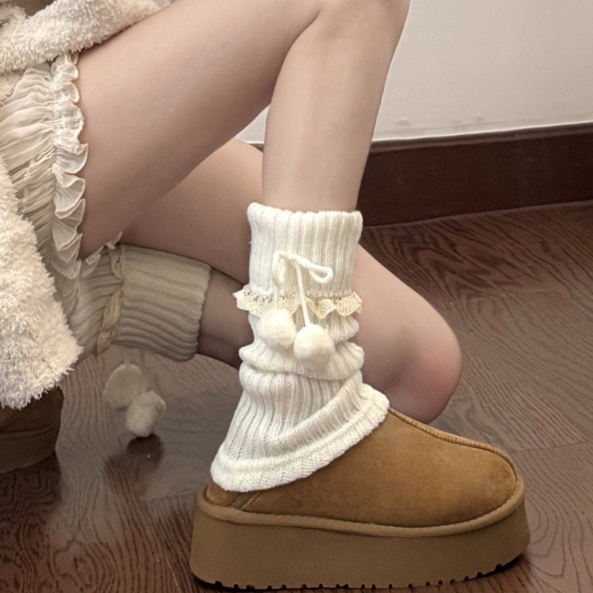 Lolita毛球针织堆堆袜套女蝴蝶结洛丽塔花边咖色秋冬季保暖小腿袜,模玩/动漫/周边/娃圈三坑/桌游,lolita洛丽塔袜子,淘宝优惠券,粉丝福利购,淘宝优惠卷