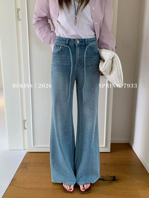 高级感满天星烫钻微喇牛仔裤女2026春高腰显瘦筒喇叭拖地裤7933