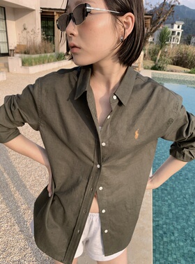韩系小马刺绣亚麻白衬衫女春夏通勤百搭防晒衬衣薄外套7819 现货