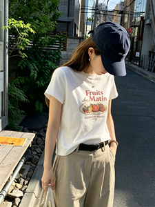 水果字母印花短袖T恤女夏季圆领百搭基础款纯棉上衣通勤白T恤8333