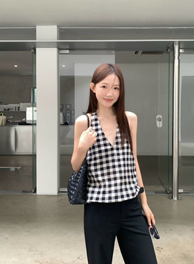 美式格纹挂脖吊带女夏新款深v领无袖背心设计感露背辣妹上衣C8192