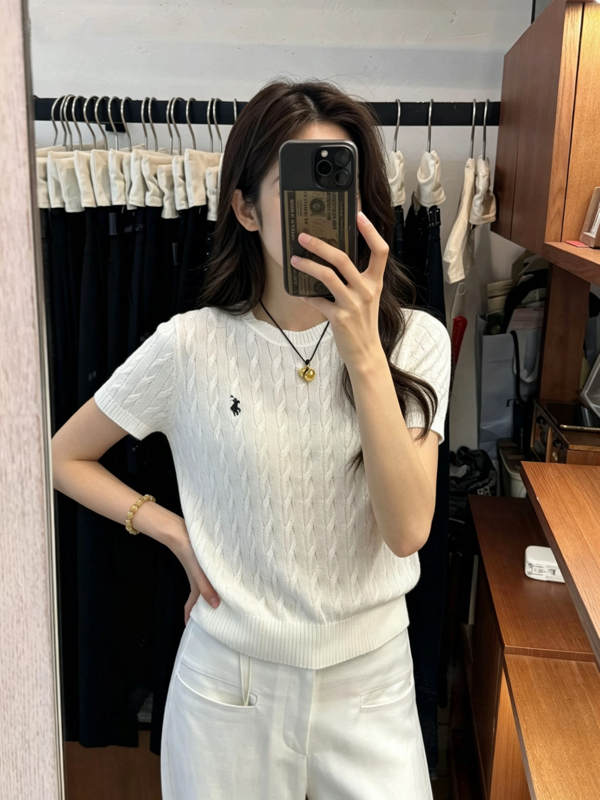 老钱风圆领刺绣针织短袖女夏季百搭T恤气质通勤半袖短款上衣M8351