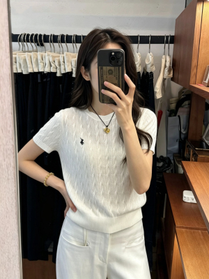 老钱风圆领刺绣针织短袖女夏季百搭T恤气质通勤半袖短款上衣M8351