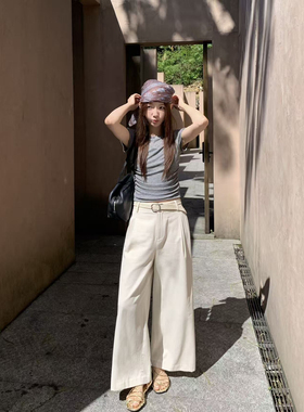 高腰压褶阔腿裤女夏2026新垂感直筒休闲裤气质通勤九分西裤P8202