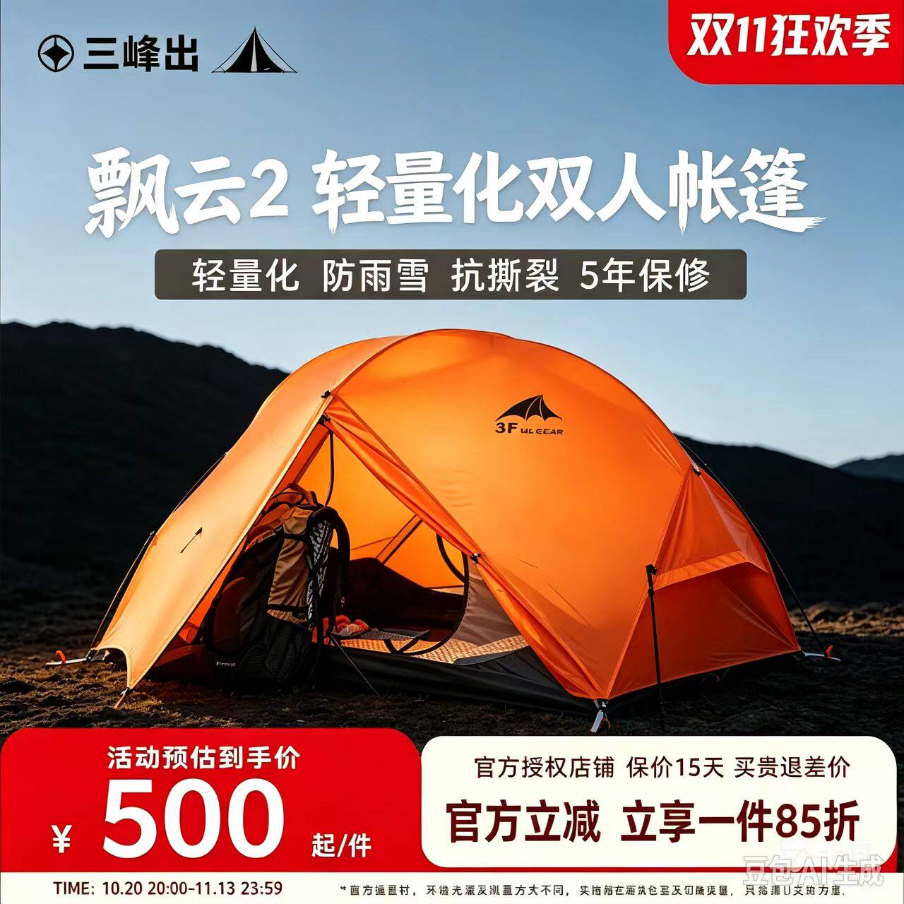 三峰出飘云2户外超轻防水防暴雨抗风露营高海拔单双人三四季帐篷