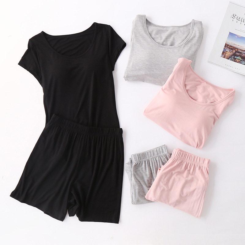 莫代尔女带胸垫短袖睡衣套装 bra-t一体免文胸半袖宽松短裤家居服,女士内衣/男士内衣/家居服,睡衣/家居服套装,淘宝优惠券,粉丝福利购,淘宝优惠卷