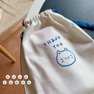 Gold Teeth原创猫咪卡通便携束口帆布收纳袋拉绳简约ins整理布袋