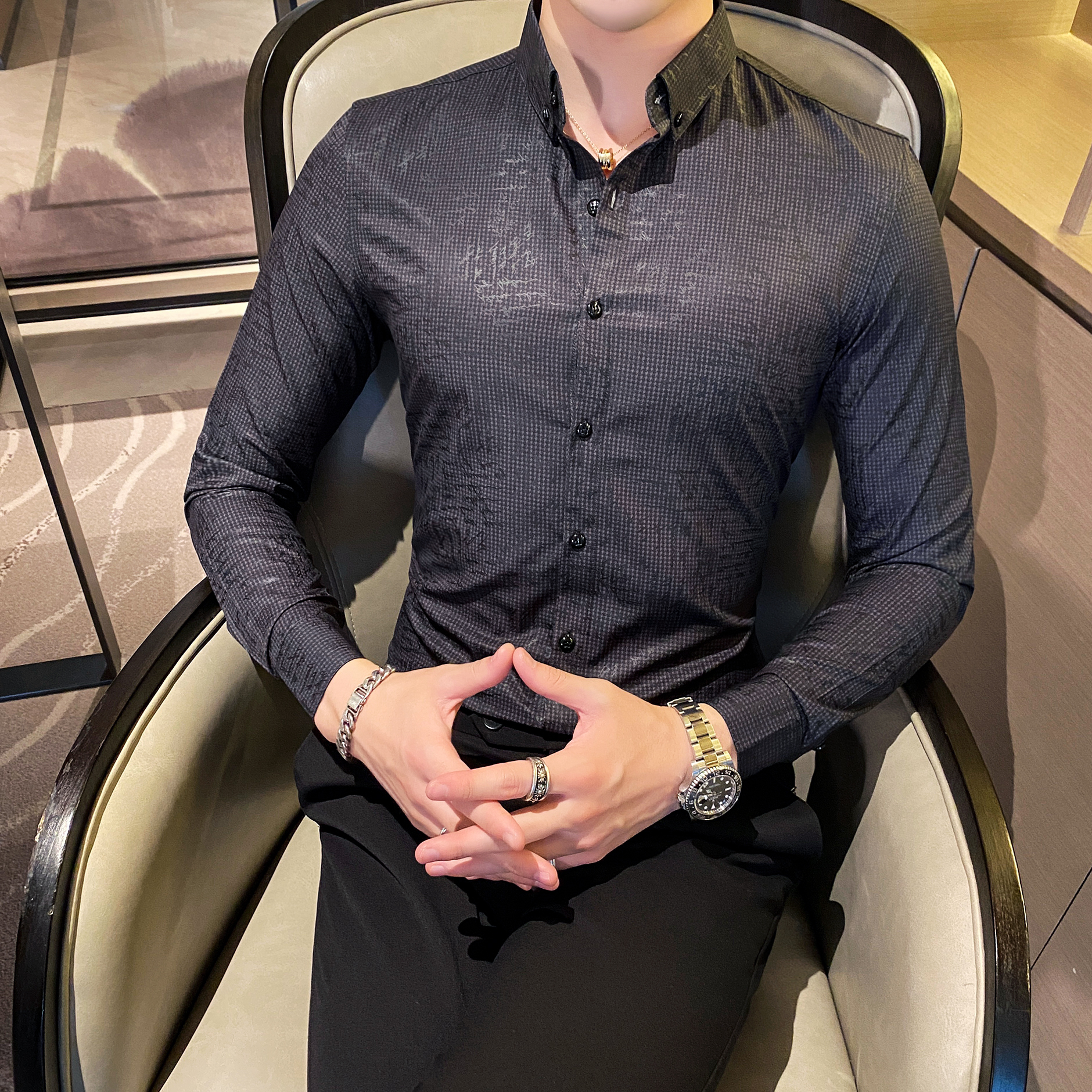 M801#/2025秋款暗印花千鸟格男士韩版修身休闲衬衫长袖衬衣潮P60，男装衬衫，电商C309