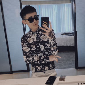 C912#_黑 小伙风 男士韩版修身社会长袖休闲印花衬衫潮男P58,男装衬衫,电商C309